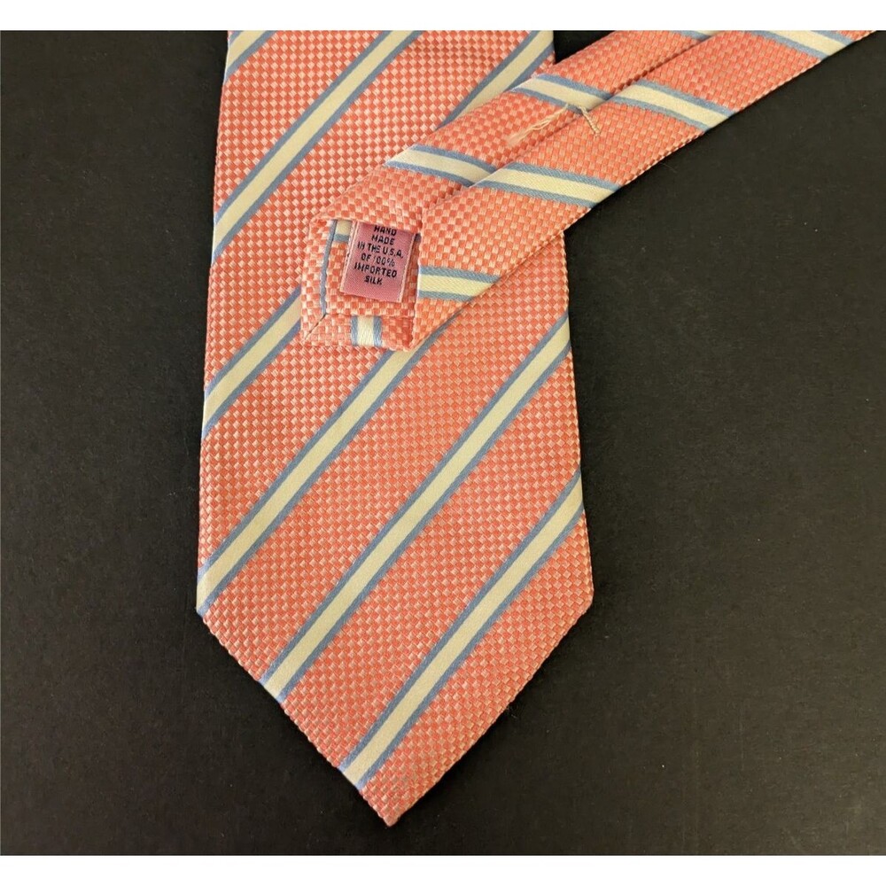 Vineyard Vines Handmade 100% Silk Salmon Pink Necktie Blue White Stripes